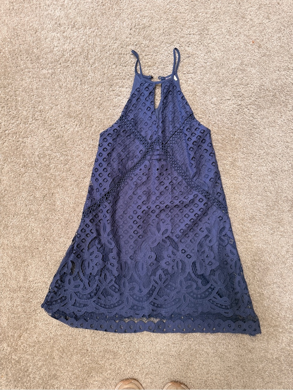 Dark Steel Blue Eyelet Lace Halter Dress